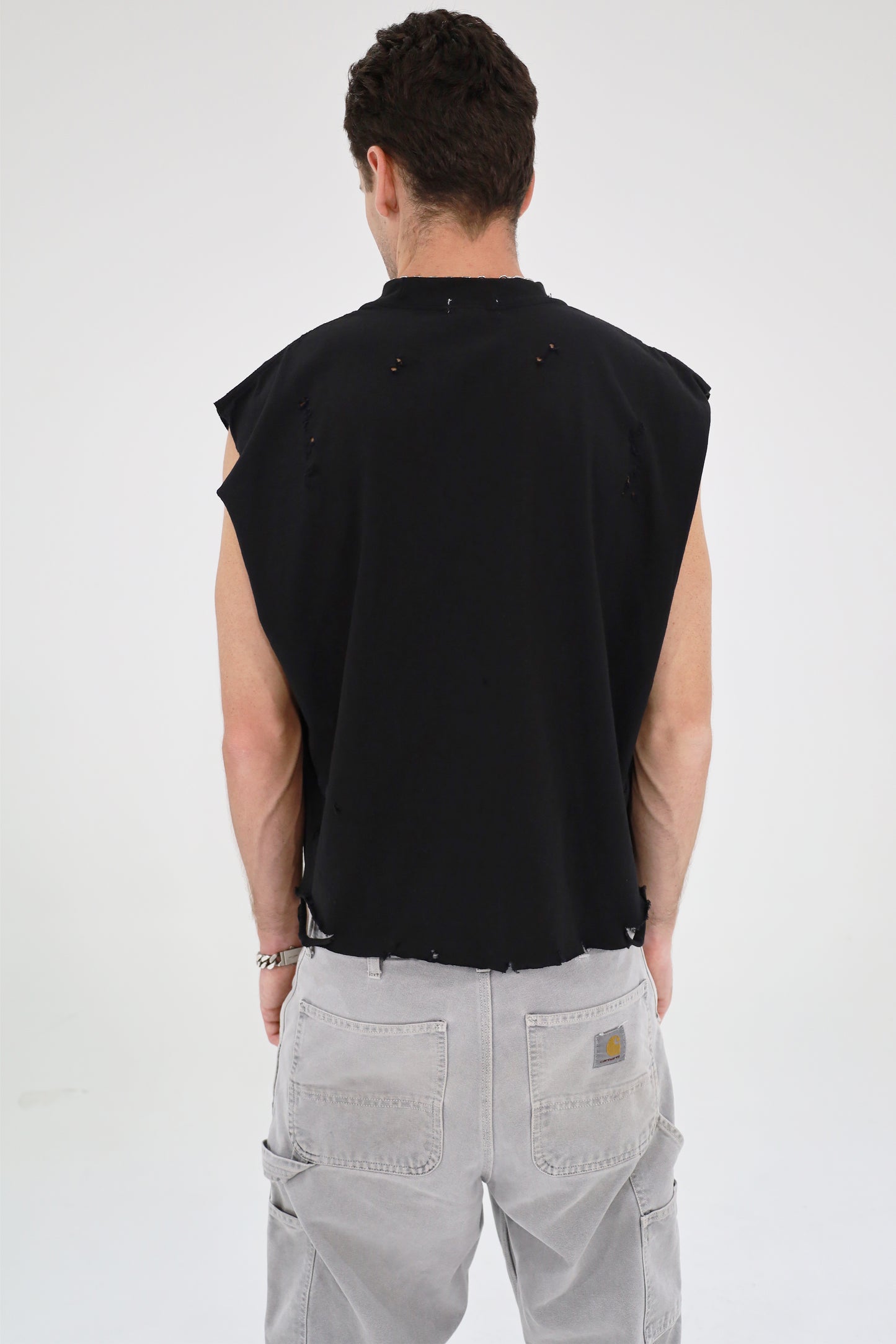 Distressed Cropped Muscle Shirt (Black)