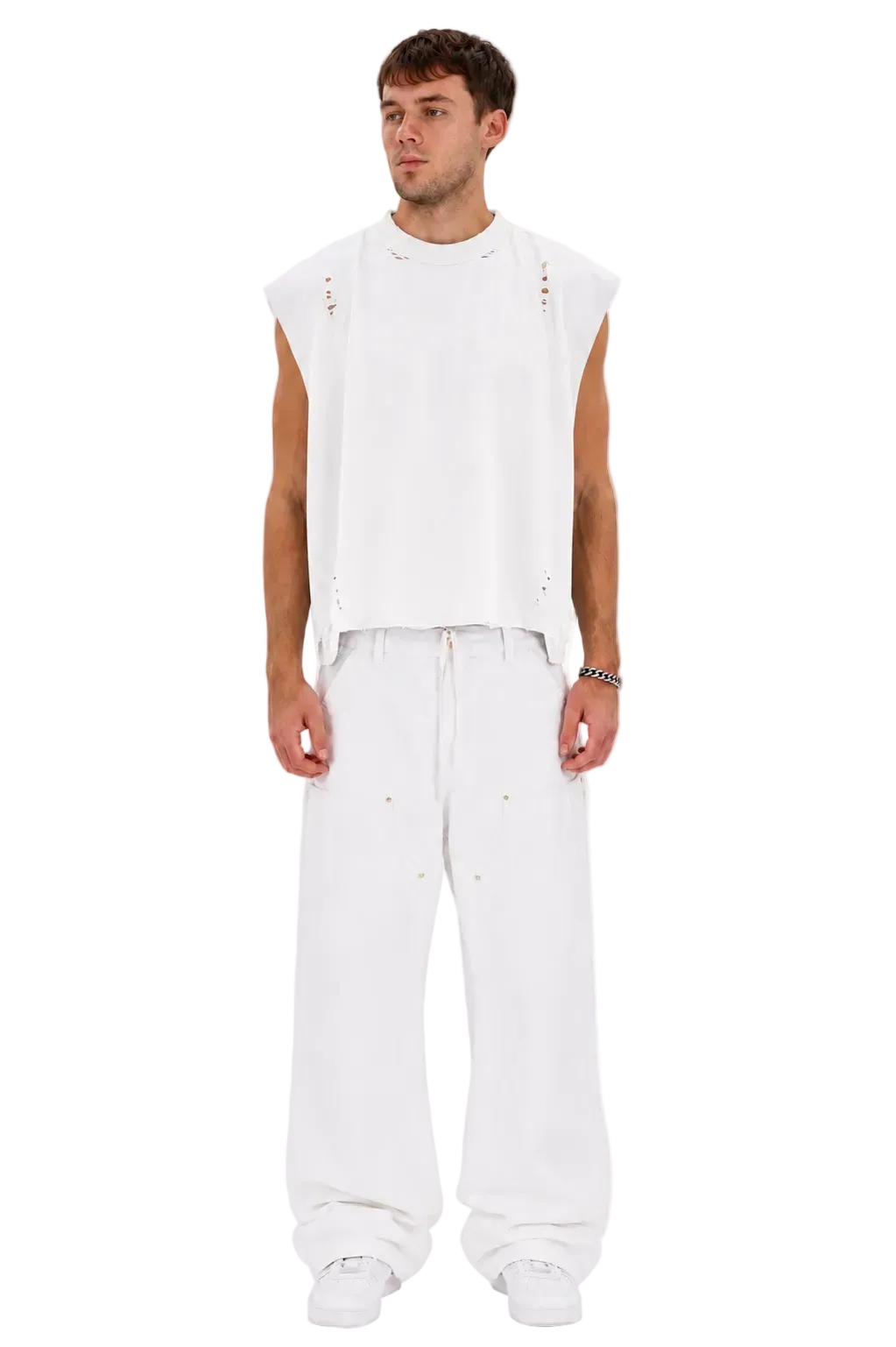 Distressed Cropped Muscle Shirt (White)