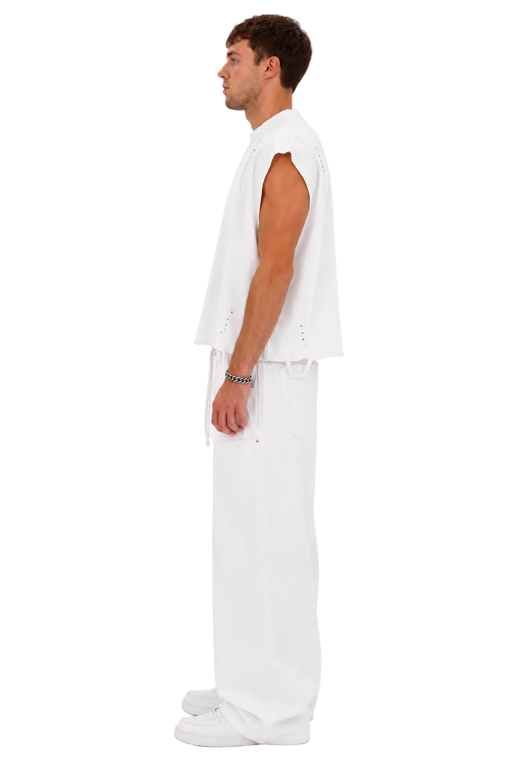 Distressed Cropped Muscle Shirt (White)