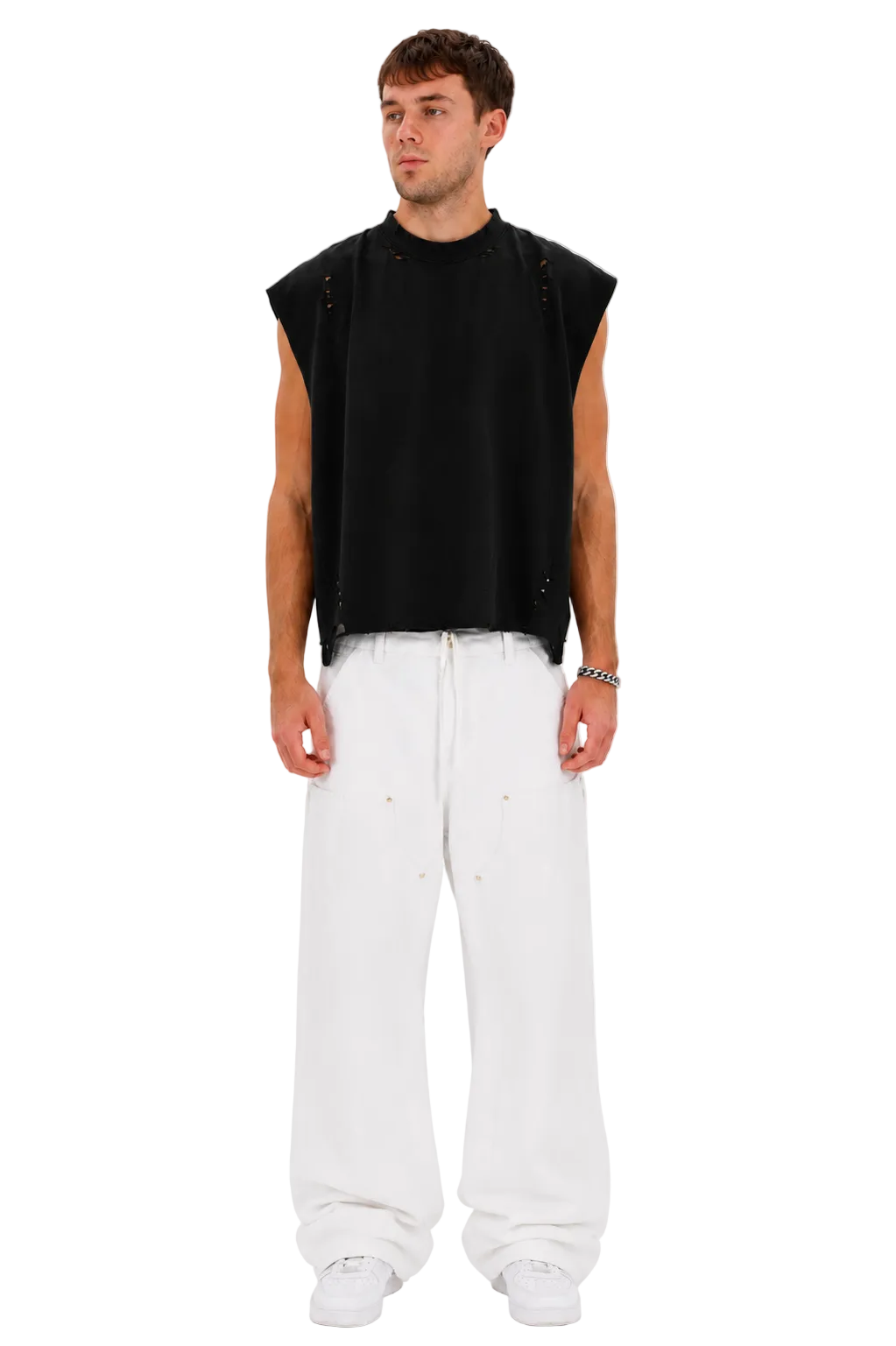 Distressed Cropped Muscle Shirt (Black)
