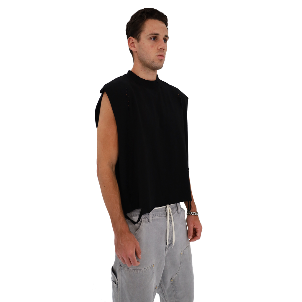 Distressed Cropped Muscle Shirt (Black)