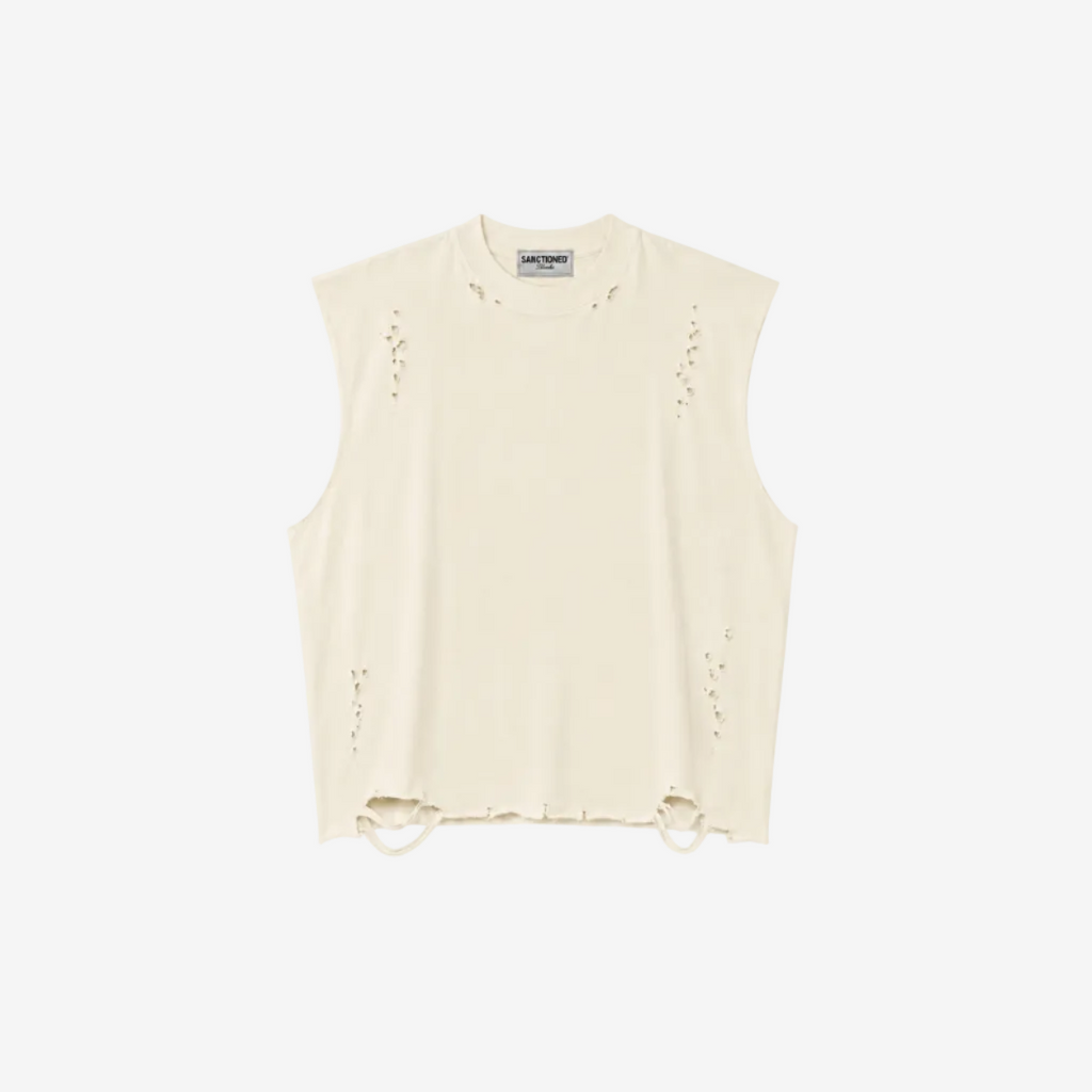 Distressed Cropped Muscle Shirt (Cream)