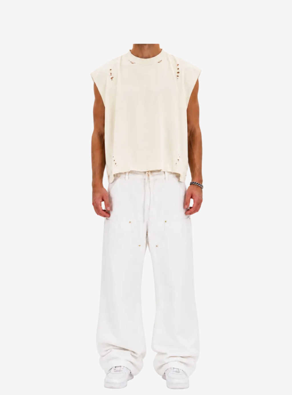 Distressed Cropped Muscle Shirt (Cream)