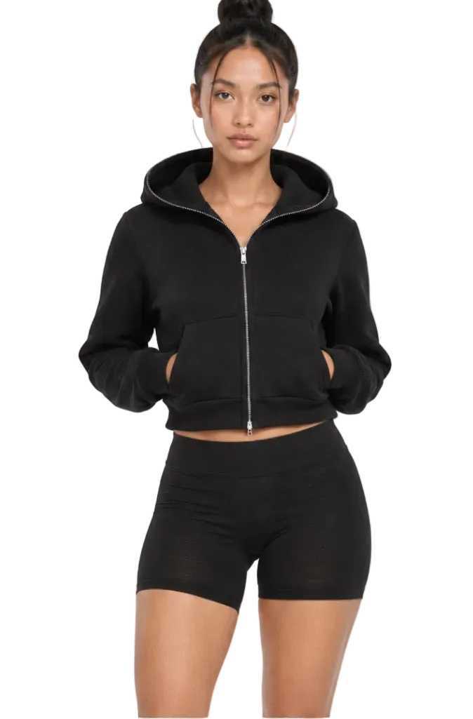 CROPPED FULL ZIP BODY BAG HOODIE (Black)