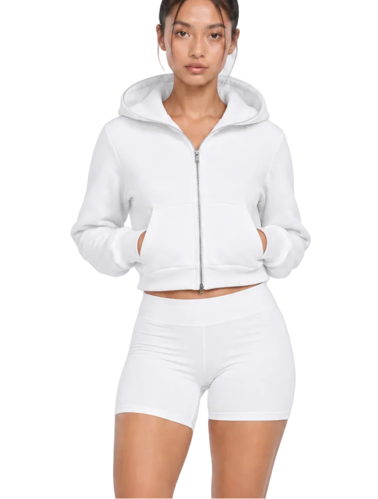 CROPPED FULL ZIP BODY BAG HOODIE (White)