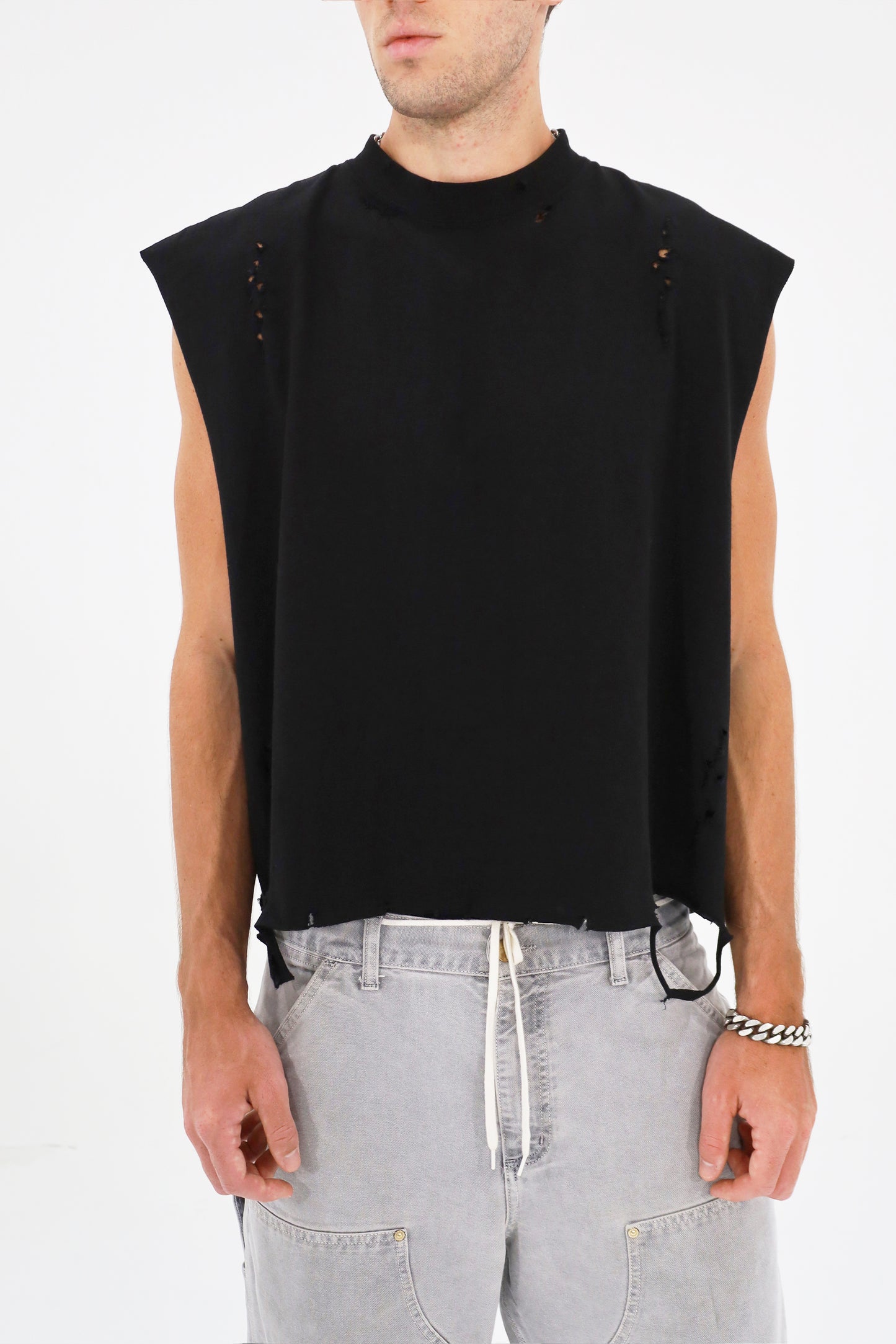 Distressed Cropped Muscle Shirt (Black)