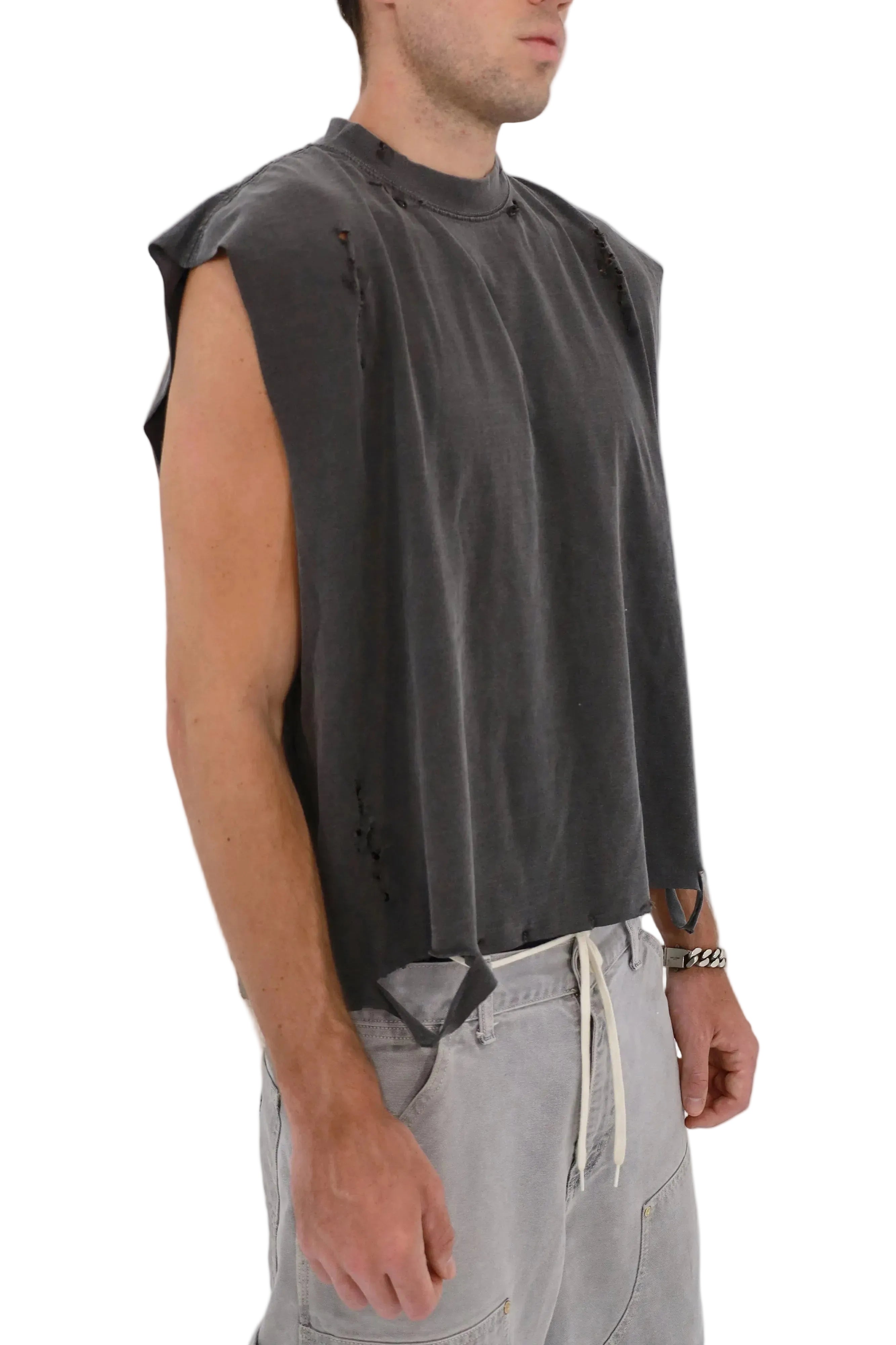 Distressed Cropped Muscle Shirt (Pepper)