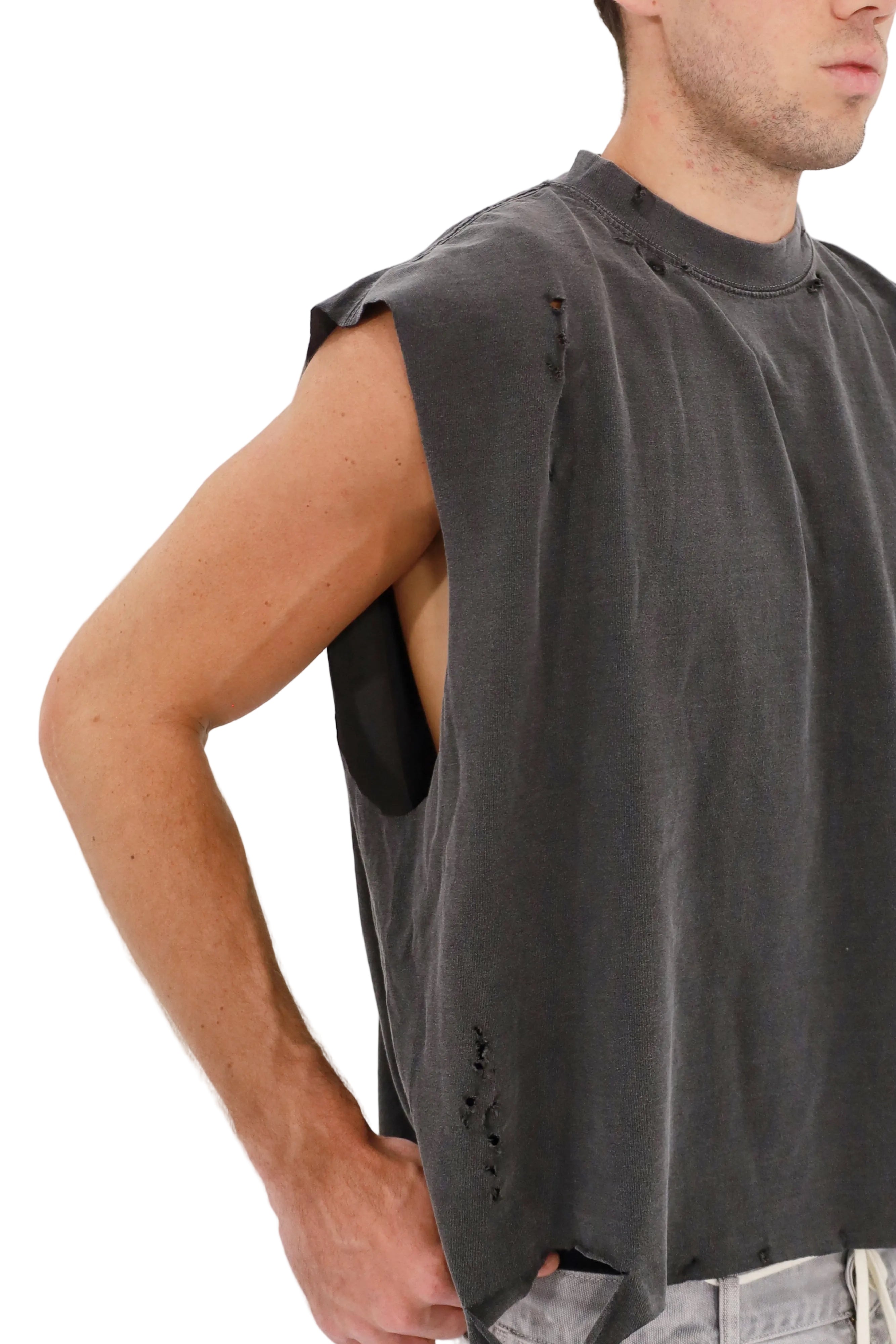 Distressed Cropped Muscle Shirt (Pepper)