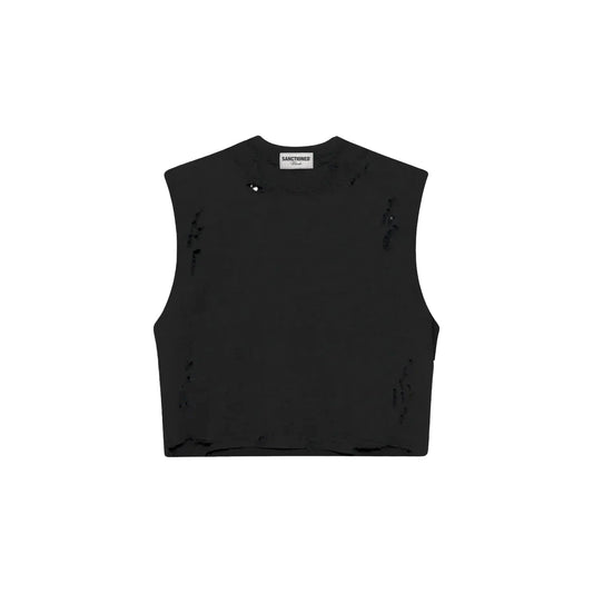 Distressed Cropped Muscle Shirt (Black)