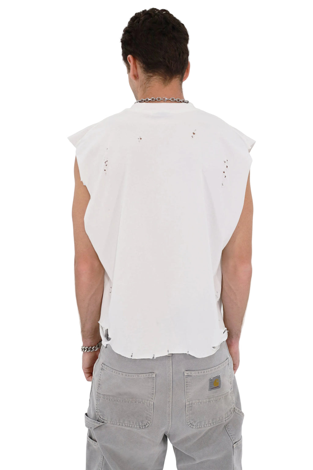 Distressed Cropped Muscle Shirt (White)