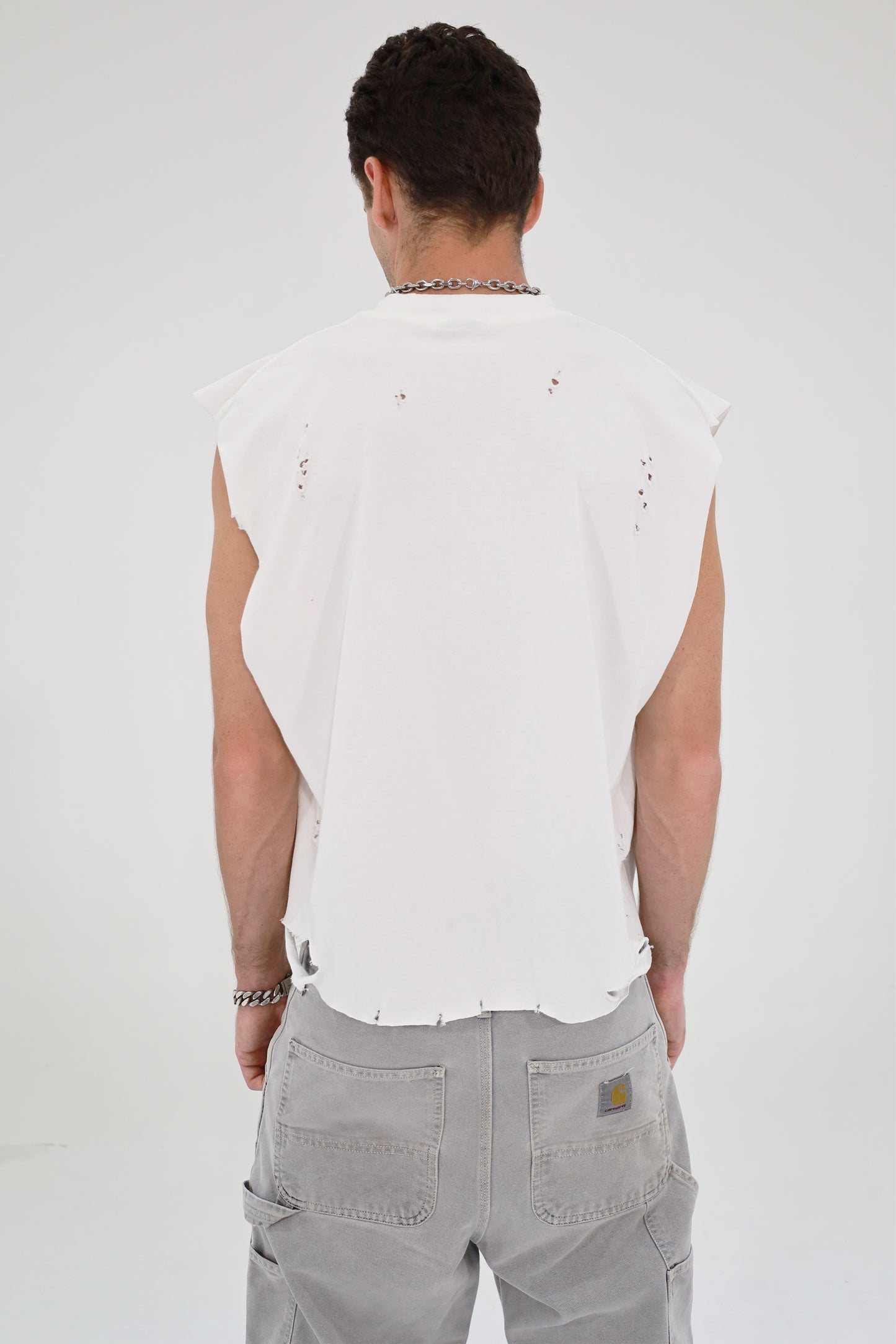 Distressed Cropped Muscle Shirt (White)