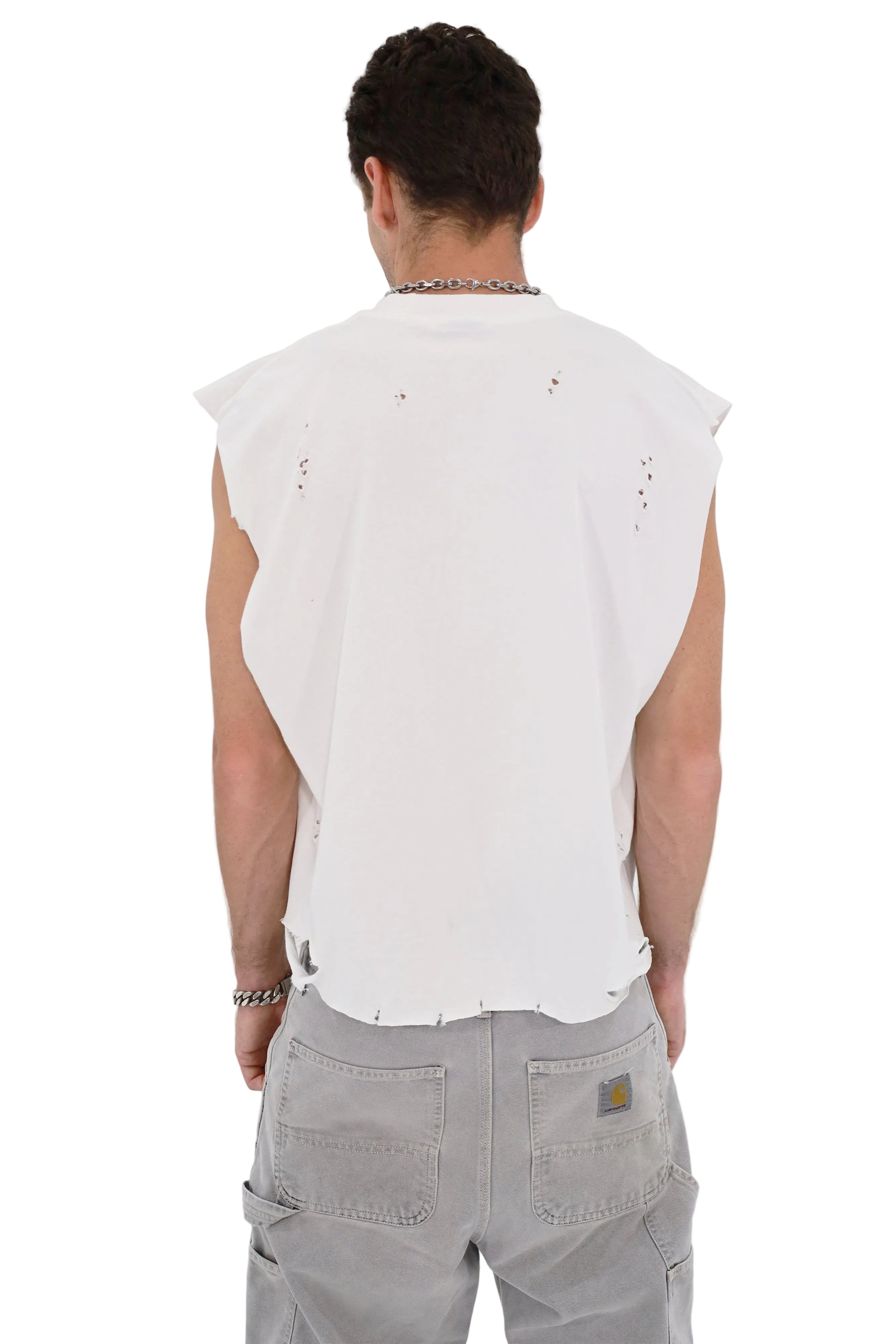 Distressed Cropped Muscle Shirt (White)