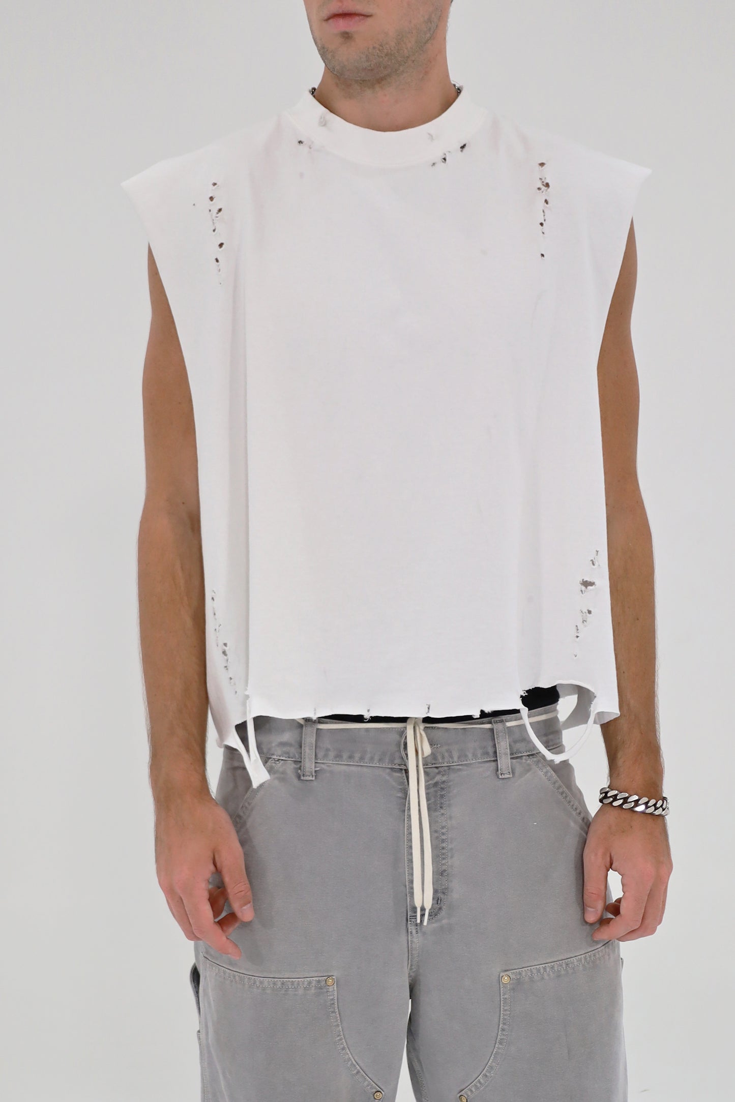 Distressed Cropped Muscle Shirt (White)