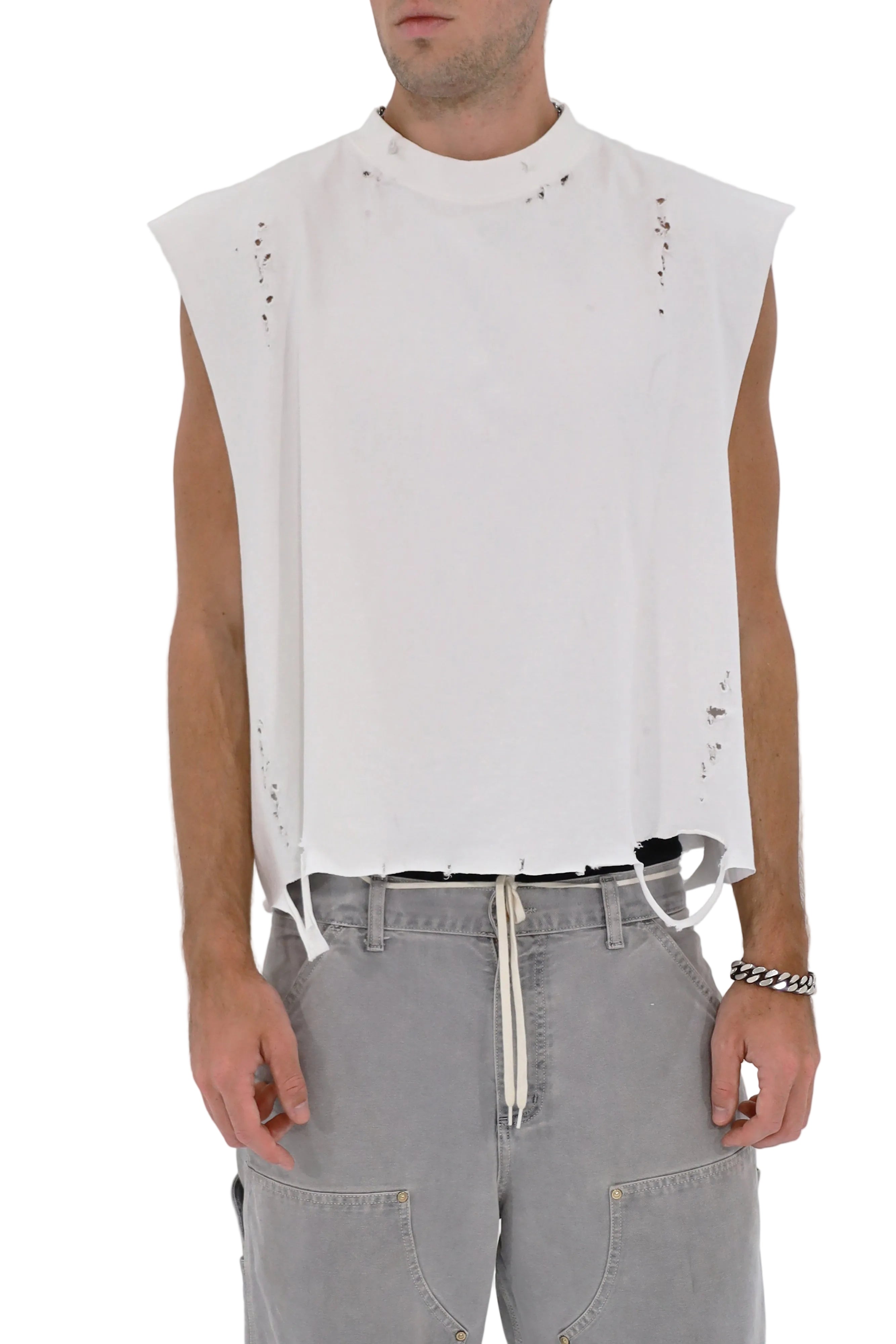 Distressed Cropped Muscle Shirt (White)