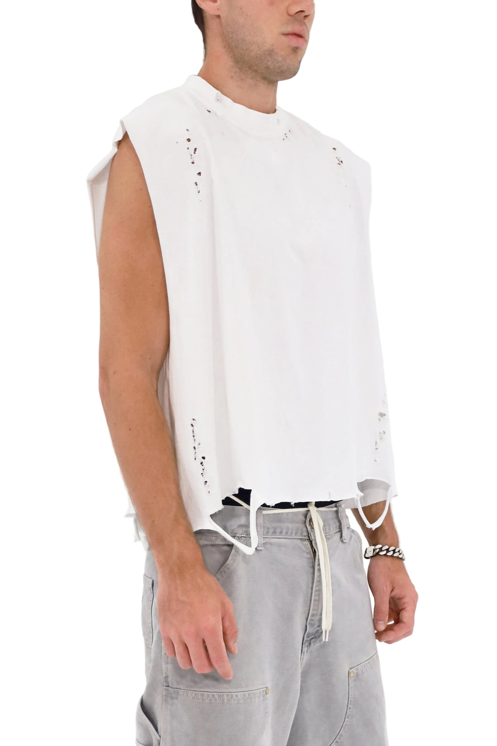 Distressed Cropped Muscle Shirt (White)