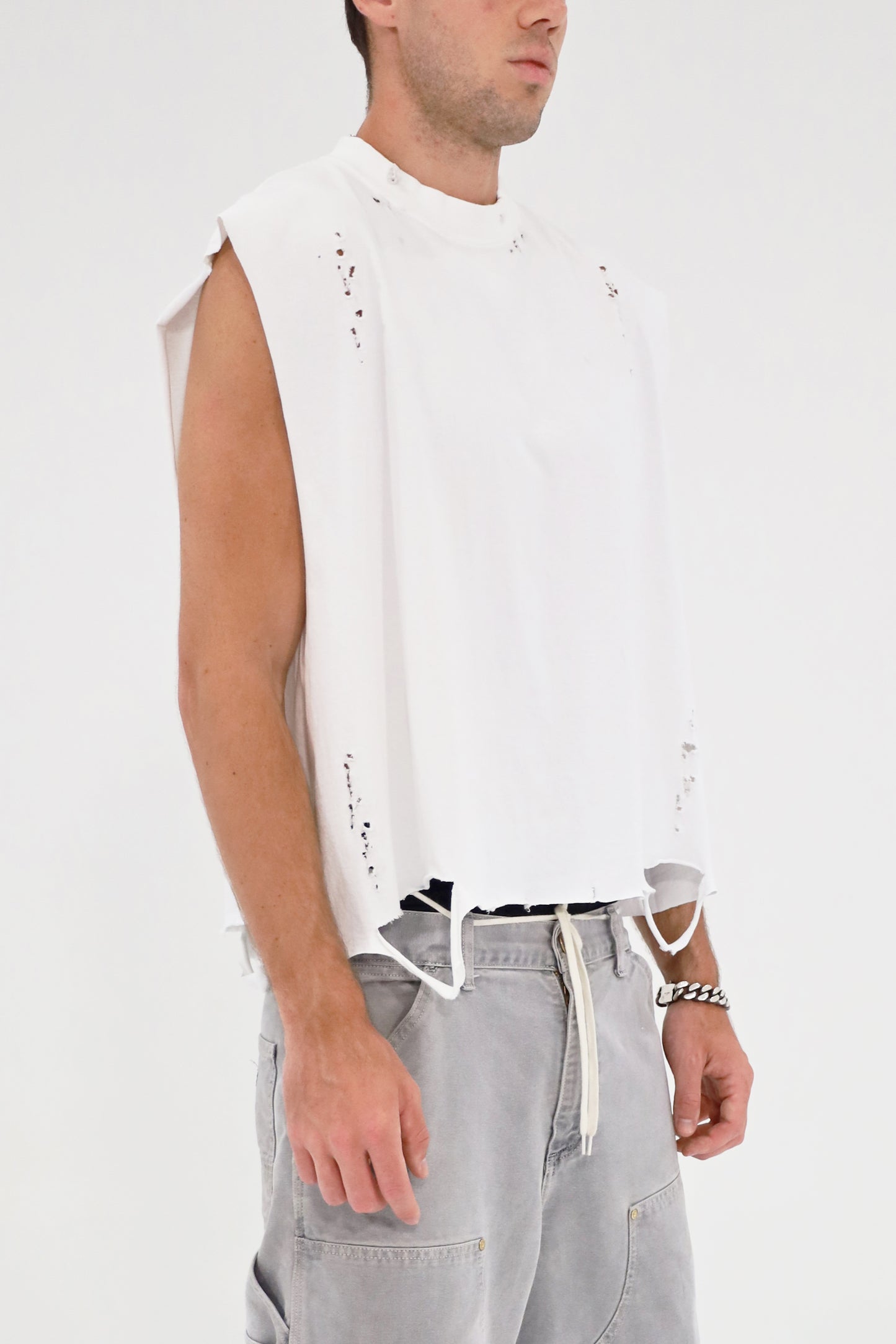 Distressed Cropped Muscle Shirt (White)