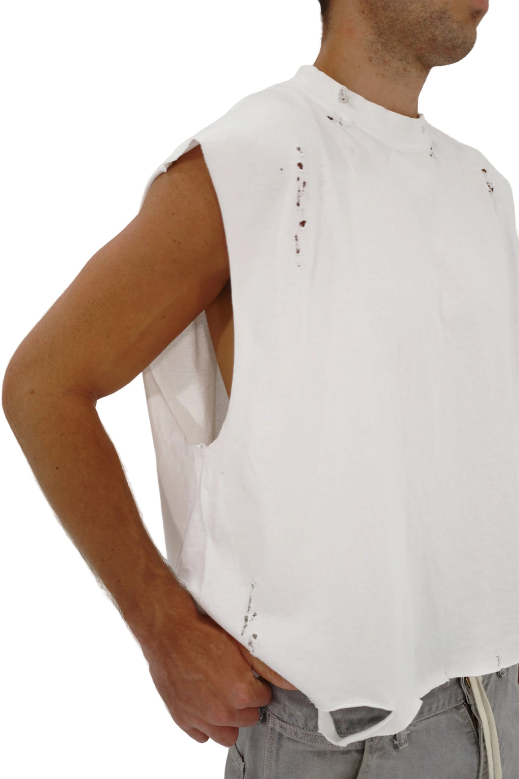 Distressed Cropped Muscle Shirt (White)